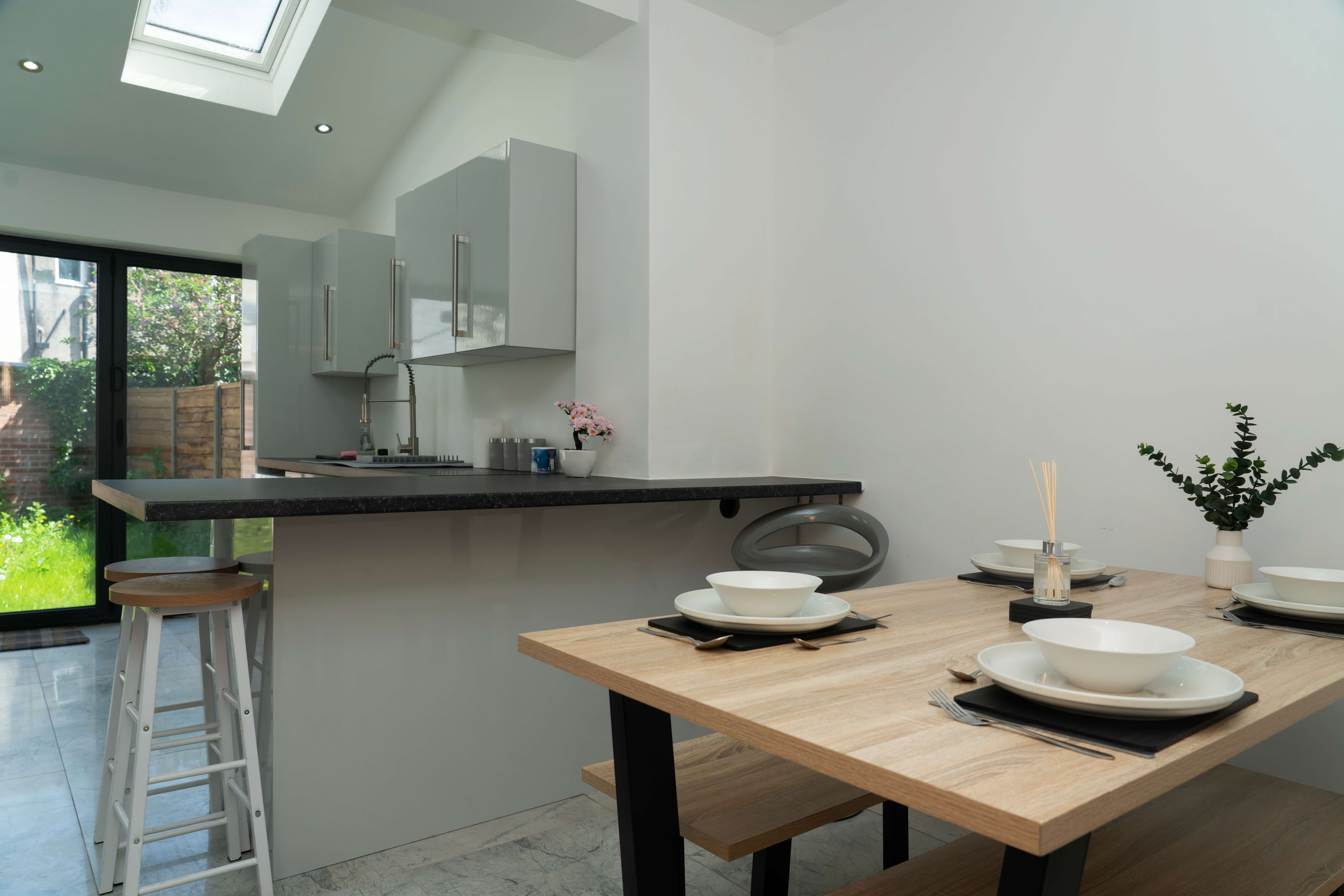 Dining area with kitchen workspace