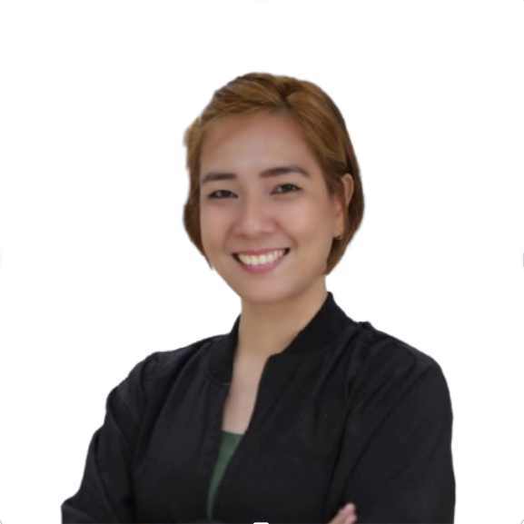 Professional portrait of Sharlene in black blazer with arms crossed, smiling confidently against white background